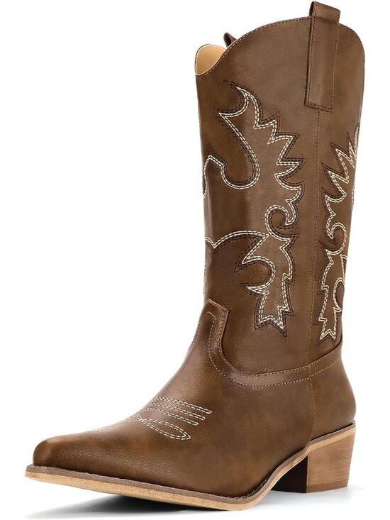 Shoes - Women's Brown Pu Cowboy Cowgirl Western Mid Calf Embroidered Chunky Low Heel